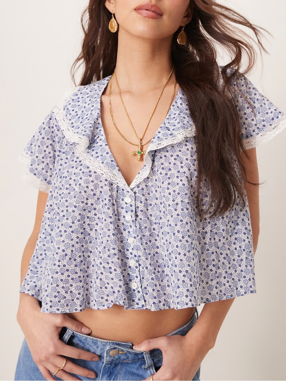 Free People Truly Yours Ditsy Blue Floral Ruffle Cropped Button-Up Blouse